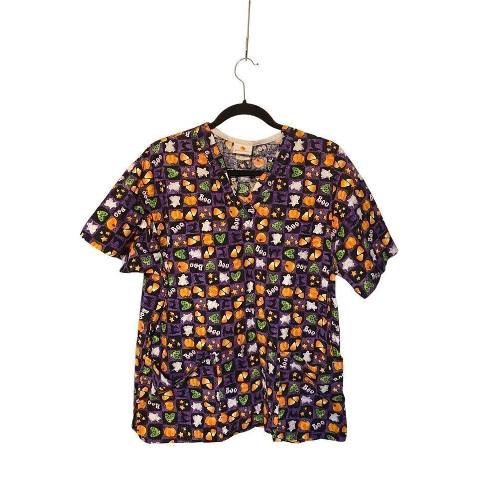 Peaches women’s Halloween nurses scrub top ghost candy, corn S/M